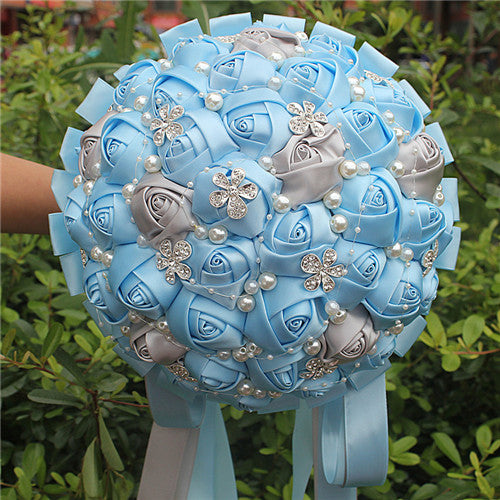 Handmade Satin Rose Wedding Bouquet with Rhinestones