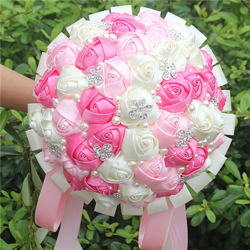 Handmade Satin Rose Wedding Bouquet with Rhinestones