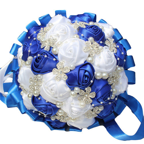 Handmade Satin Rose Wedding Bouquet with Rhinestones