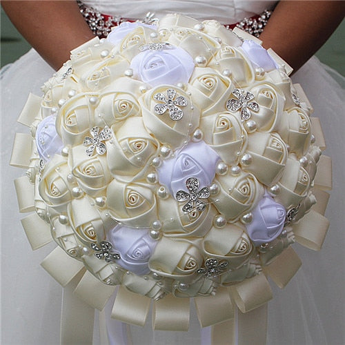 Handmade Satin Rose Wedding Bouquet with Rhinestones