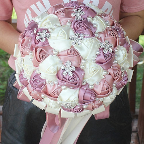 Handmade Satin Rose Wedding Bouquet with Rhinestones