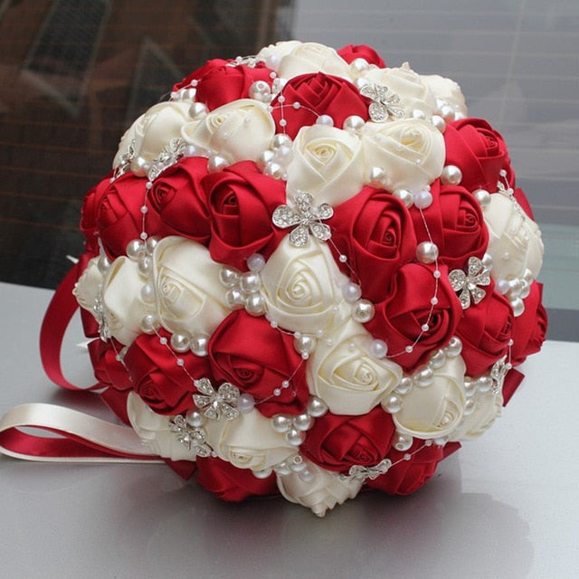 Handmade Satin Rose Wedding Bouquet with Rhinestones