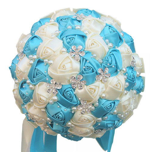 Handmade Satin Rose Wedding Bouquet with Rhinestones
