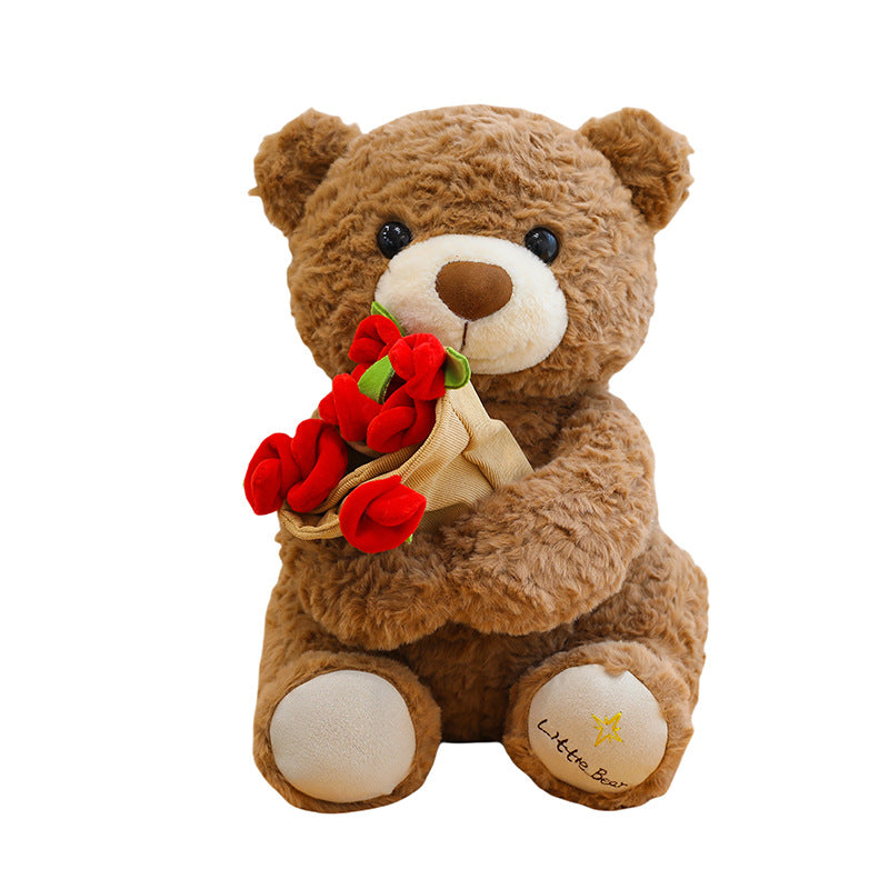 Cute Stuffed Bear Holding Roses Gift Toy
