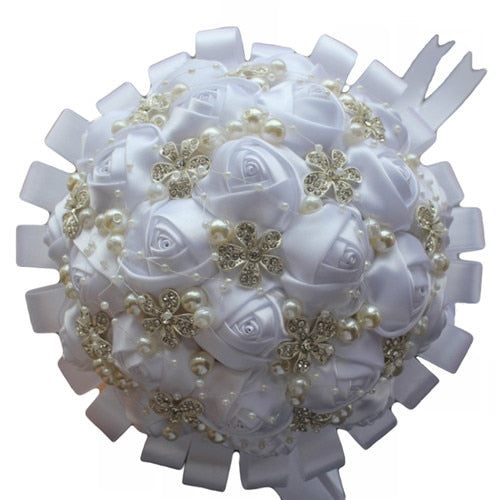 Handmade Satin Rose Wedding Bouquet with Rhinestones