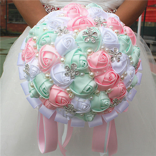 Handmade Satin Rose Wedding Bouquet with Rhinestones