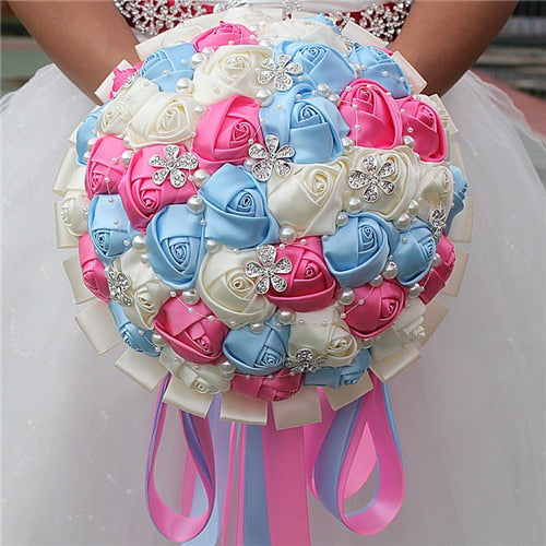 Handmade Satin Rose Wedding Bouquet with Rhinestones